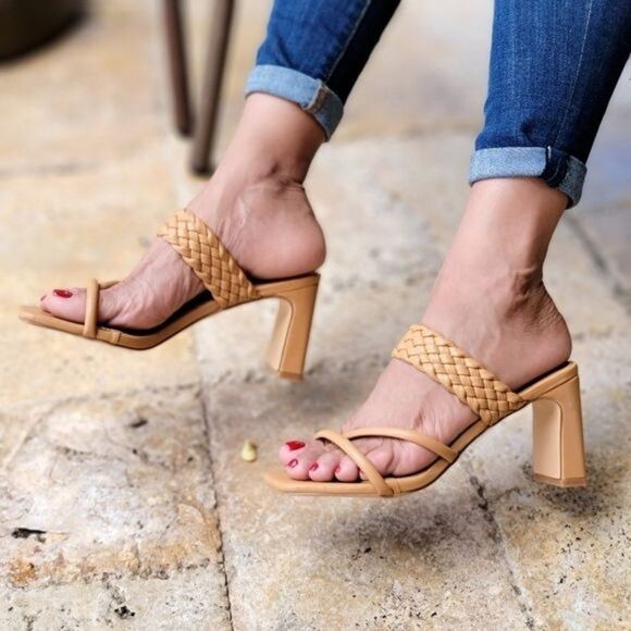 Women's Natural Braided Chunky Block Heel Slide Sandals - Picture 1 of 5